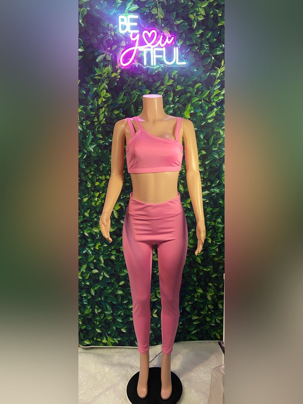 Fashion Nova Pink Asymmetric Strappy Sports Bra & High-Waist Leggings